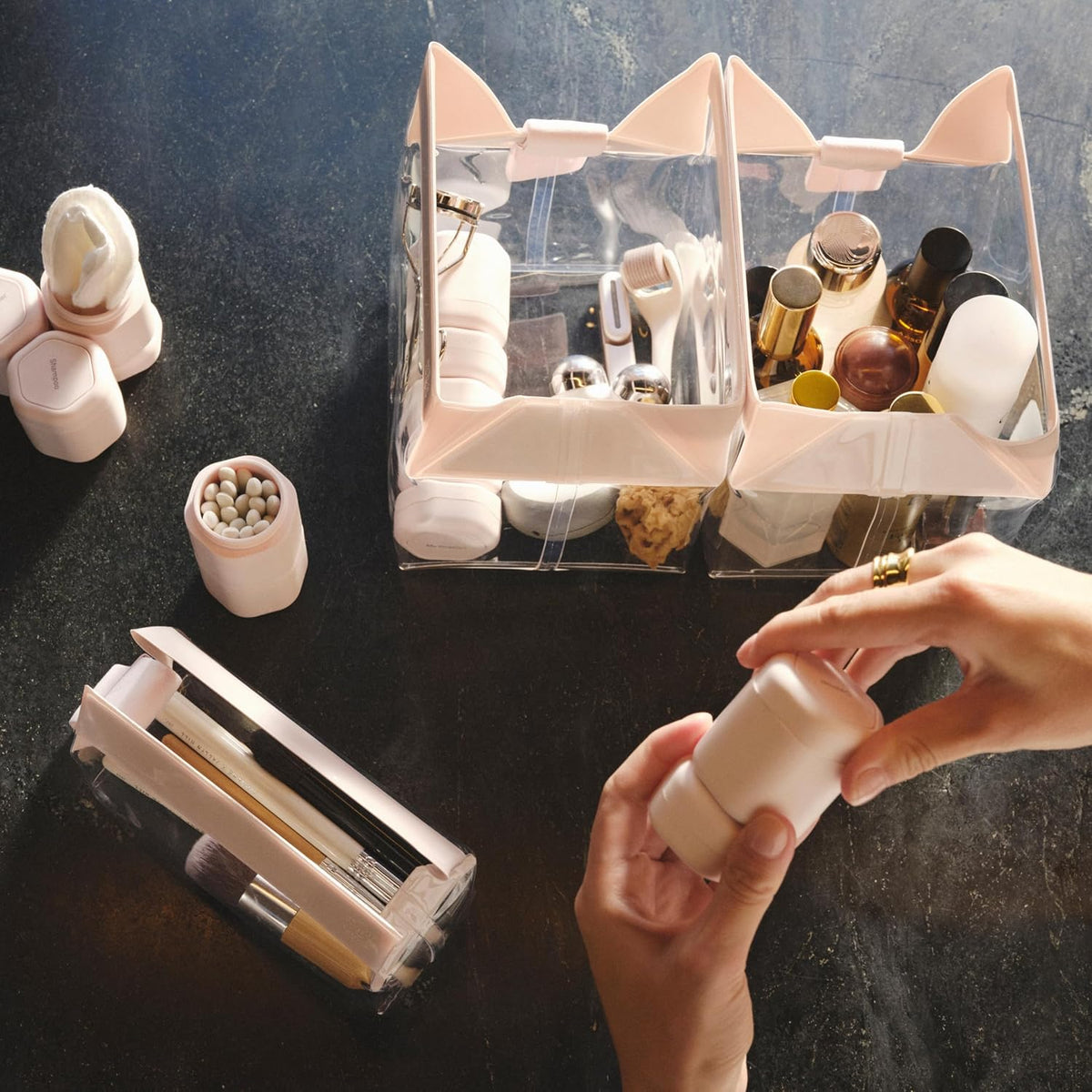 Cadence Travel Containers - Full Skincare Set - Magnetic Containers with Lids,Carry On Travel Essentials For Women/Men - 2 Small (0.56oz), 4 Medium Capsules (1.32oz), & Extender (1.43oz) - Evergreen