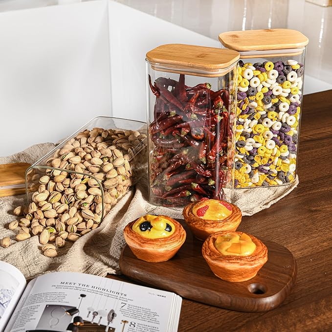 56oz Rectangle Airtight Glass Storage Containers with Bamboo Lids (Set of 3), Square Food Storage Jar, Pantry Organizers for Oats, Cereal, Pasta and Coffee beans (‎with Black Lable)