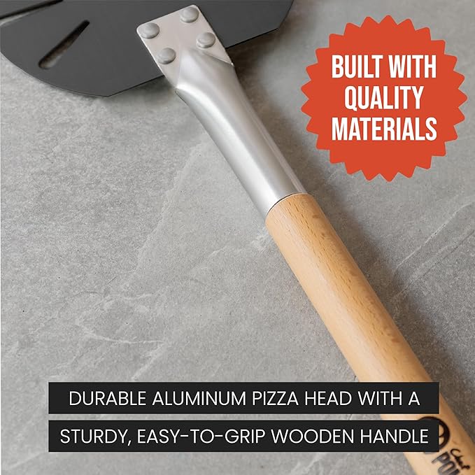 Chef Pomodoro Pizza Turning Peel Aluminium with Wood Handle for Easy Storage, Perforated Pizza Peel Turner, Gourmet Luxury Pizza Paddle for Baking Homemade Pizza Bread, Pizza Turner (7-Inch)