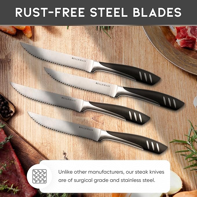 Bellemain Premium Steak Knives Set of 4, Kitchen Knife Sets with Steel Blades for Precise Cutting, Lightweight Steak Knife Set Stainless Steel & Durable, Serrated Steak Knives Dishwasher Safe