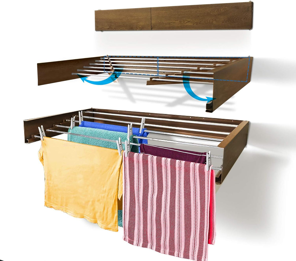 Step Up Laundry Drying Rack (40-INCH Wide - Wood-Look), Wall Mounted, Retractable Clothes Drying Rack, 60lbs Capacity, 20 Linear Ft, with Wall Template and Long Screwdriver Bit