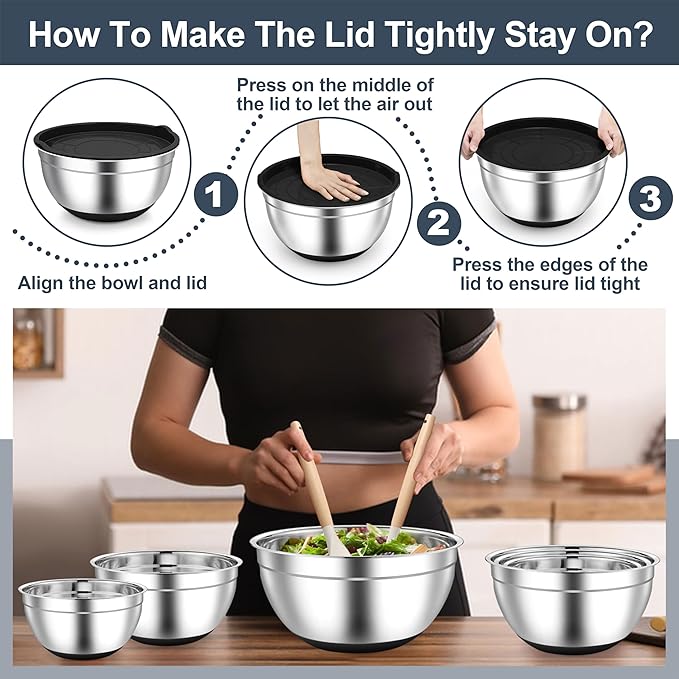 TeamFar Mixing Bowls, Black Mixing Bowls with Lids Set, Stainless Steel Nesting Salad Bowl with Air-tight Lid & Silicone Bottom, Non Slip & Stackable - Set of 6-4.6/2.6/2 / 1.5/1 / 0.7 Qt