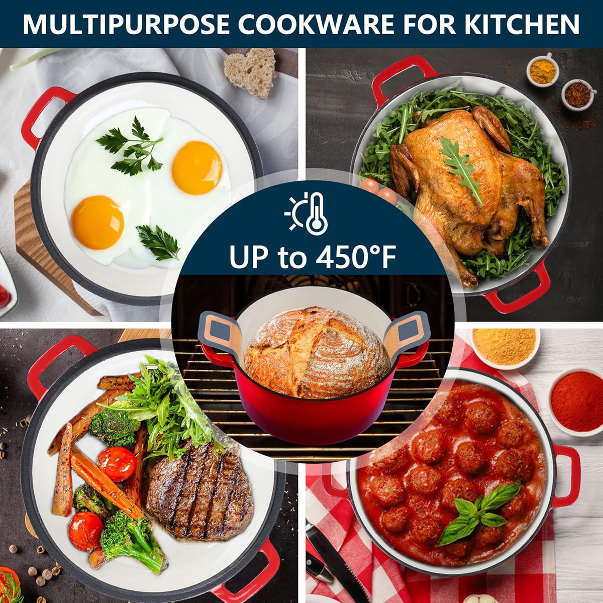 E-far 5 Quart Enameled Cast Iron Dutch Oven, 2 in 1 Dutch Oven Pot with Skillet Lid and Silicone Bread Sling, Ideal for Bread Baking, Cooking, Stewing, Frying, Induction & Oven Safe - Red