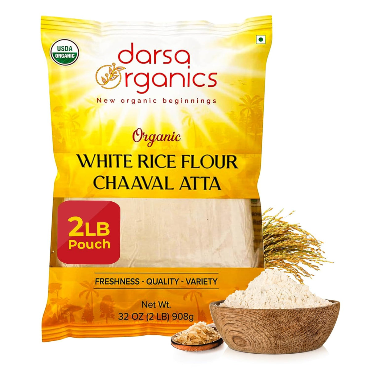 Darsa Organics White Rice Flour - Premium Organic, USDA Certified, Non-GMO, Gluten-Free Rice Powder for Baking & Cooking, Chemical-Free, Long Shelf Life, Food Grade Pouch - 2 lb (908g)