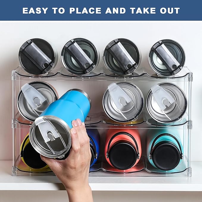 LARGER Compartment - 3 Tier Stackable Water Bottle Organizer Holder - for Stanley 40oz & Others' Large Tumbler - Clear Wine Rack, 12 Cup Bottle Holder for Cabinet Home Countertop Fridge Pantry Shelf