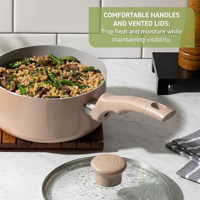 T-Fal Refresh Ceramic Nonstick Cookware Set, Oven Safe Up to 350ºF, 12-Piece, Includes Stockpot, Griddle, Frying Pans, Utensils, Ceramic Pots and Pans Set, Mint Green