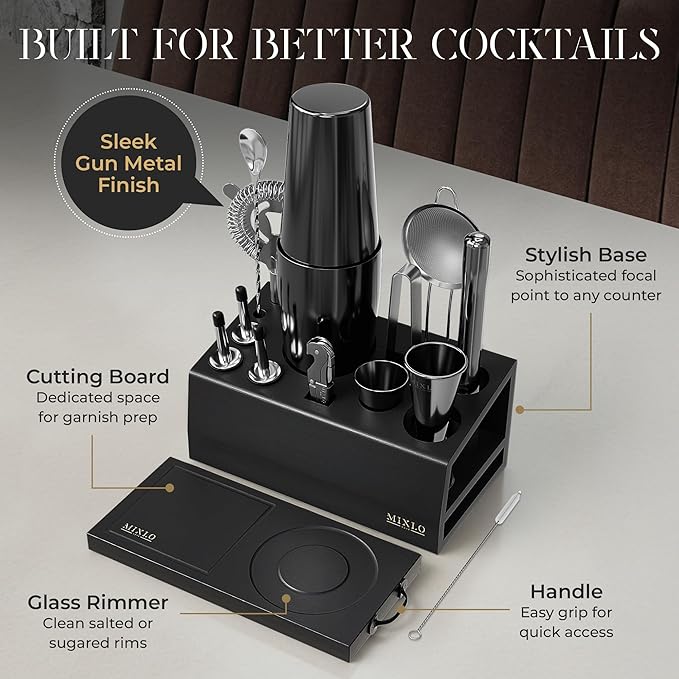 Mixology Bartender Kit - 15Pcs Bar Set Cocktail Shaker Set w Black Bar Cart Accessories Stand - Shakers Bartending Gun Metal Black Tools, 24oz Shaker, 17 Recipe Cards, Martini Barware