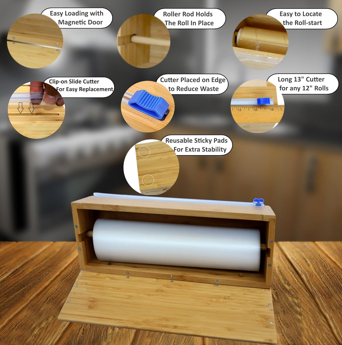 Extra Large Vacuum Sealer Bag Roll Dispenser with Slide Cutter - Reusable, Extra Large Bamboo Plastic Wrap Dispenser for Most 12" Rolls