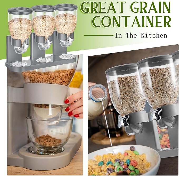 Umigy 1 Pack Triple Indispensable Dry Food Dispenser 67oz Each Capacity Cereal Container for Storage Preserving Dispensing Kitchen Rice Candy Nuts Dog Food Granola Snack Gumball Countertop (Gray)