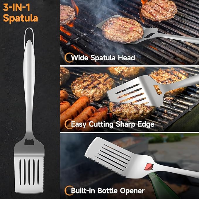SHINESTAR Heavy Duty Grill Tools Set, Stainless Steel Grilling Accessories with Spatula, Tongs, Fork and Basting Brush, 4PCS, Ideal Grilling Gifts for Man