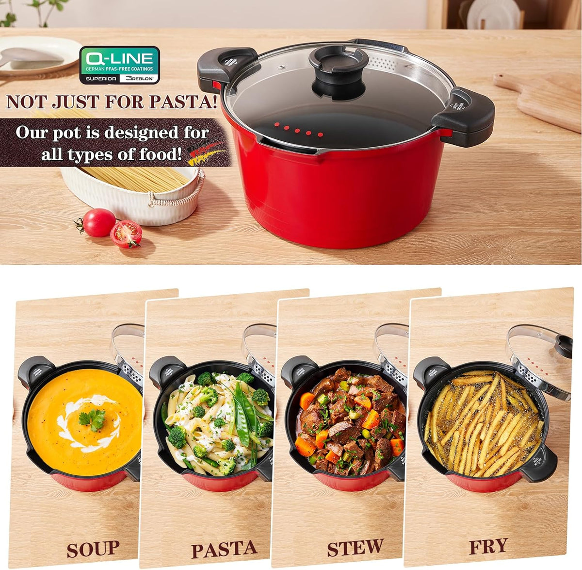 5qt Pasta Pot with Strainer Lid, Cast Aluminum Stockpot Multipot, Nonstick Ceramic Coating make Cleanup easy with Tempered Glass Lid, Dishwasher Safe, Induction, Black (Red, 5 Quarts)