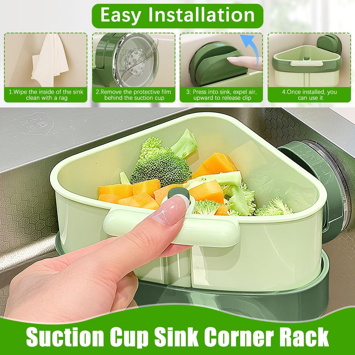 Suction Cup Sink Corner Rack, 2025 New Upgraded Suction Cup Press Triangular Drainer Basket, Automatic Dumping Sink Strainer Basket, Hanging Corner Sink Trash Catcher for Kitchen Food Waste (Orange)