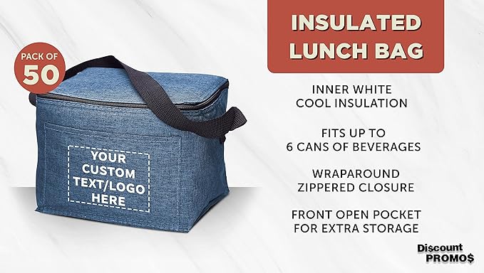 DISCOUNT PROMOS Custom Insulated Cooler Lunch Bag Set of 50, Personalized Bulk Pack - Perfect for Work, Travel, Outdoor Events - Blue