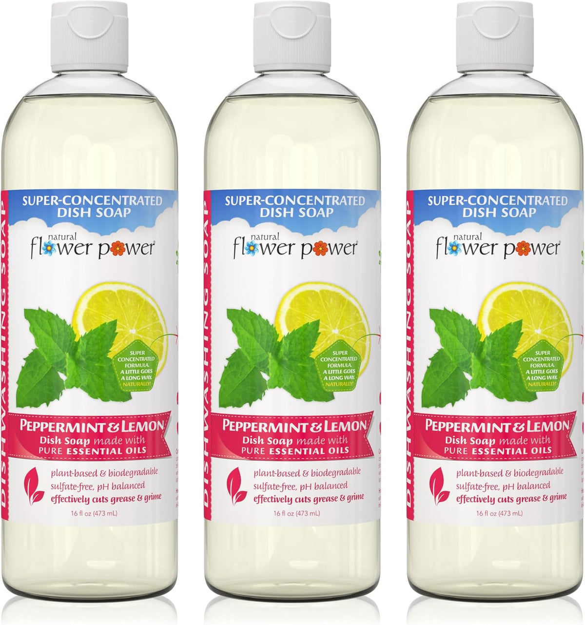 Plant-Derived Dish Soap - Sulfate-Free, Bio-Based, pH-Balanced, Vegan Cleaning Supplies - Peppermint & Lemon - 3 x 16 oz