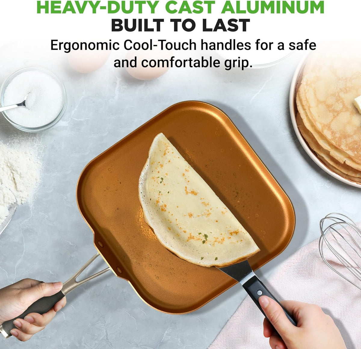 NutriChef Copper Pan Non-Stick Coating Inside, Hard-Anodized Look Heat Resistant Lacquer Outside, Silicone Handle NCSQPA, 1 Griddle