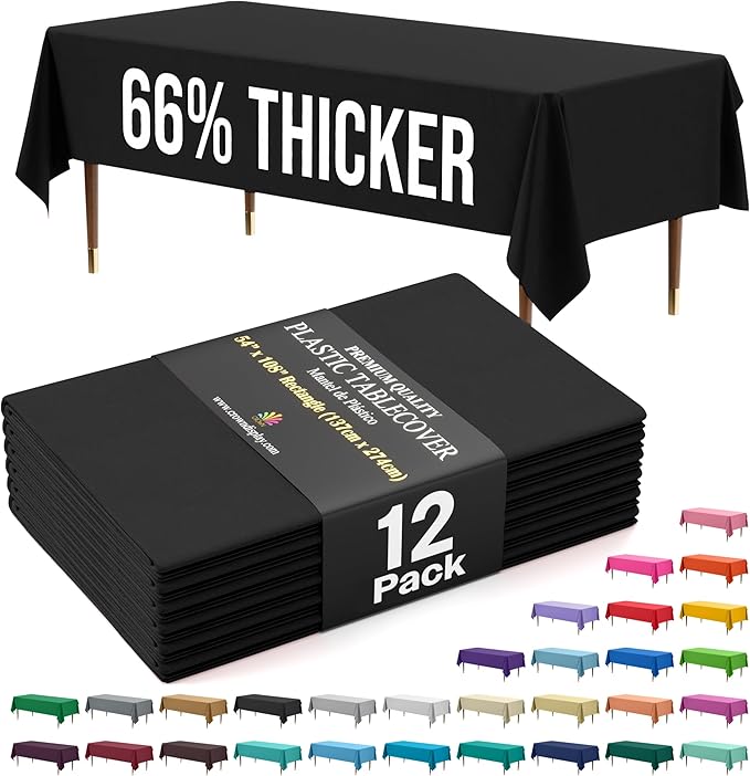 Party Solids 66% Thicker Premium Plastic Table Cloth Rectangle Table Cover 0.5 Mil 12 Pack Black Table Cloth 54 Inch x 108 Inch Disposable Tablecloth Won't Tear Easily Like Cheap Thin Brands