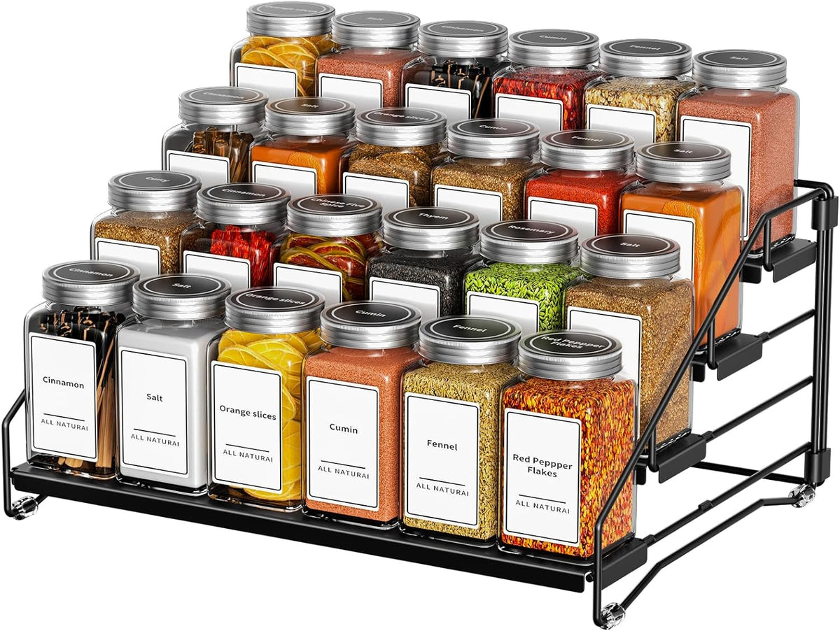 4 Tier Spice Rack for Cabinet, Spice Rack Organizer, Depth Adjustable Spice Holder for Countertop, Cupboard, Pantry, Seasoning Shelf, Metal, Black (1 Pack)