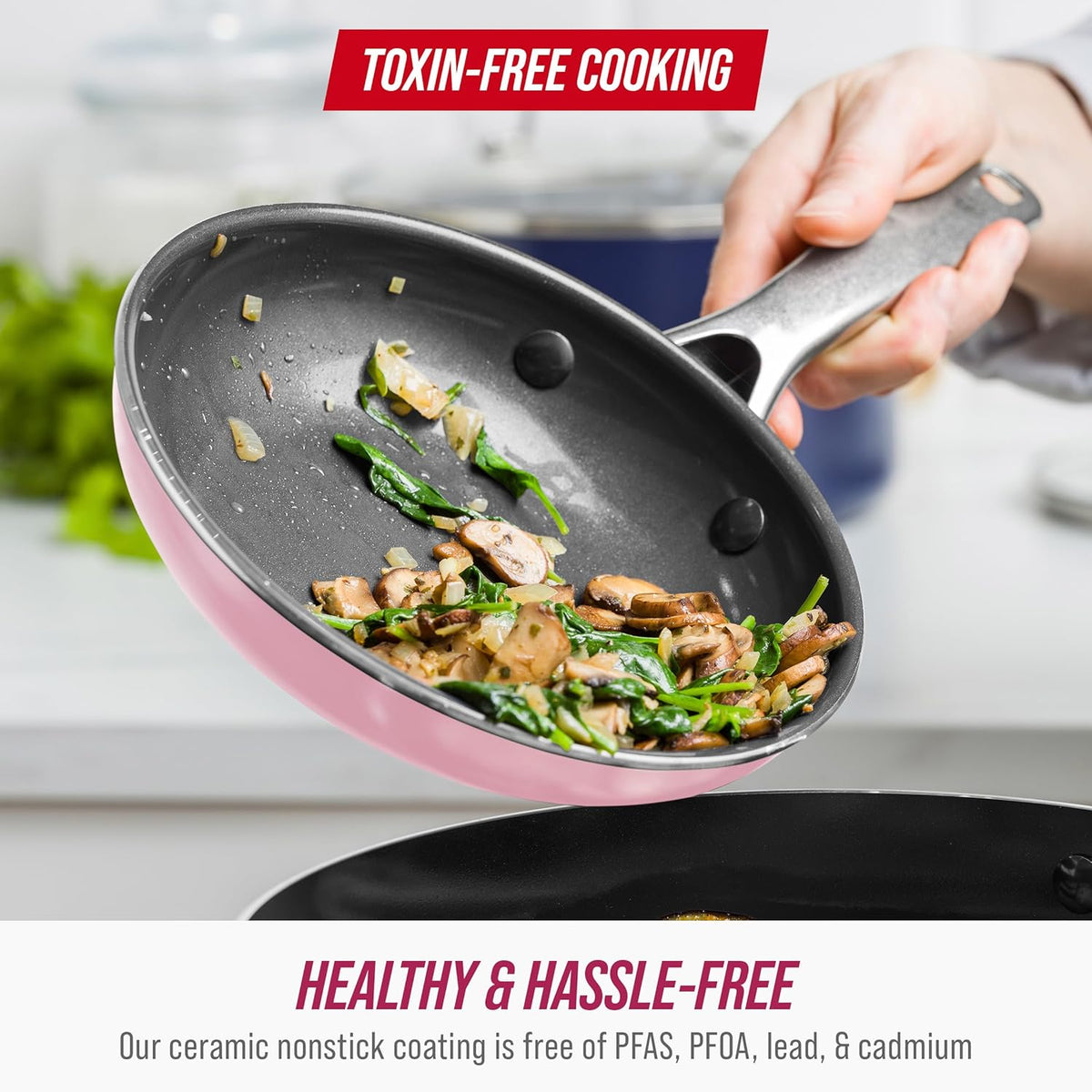 Blue Diamond 10 Piece Nonstick Cookware Set, Diamond Ceramic Pots & Pans, Dishwasher & Metal Utensil Safe, Non Toxic PFAS-Free, Kitchen Cooking Sauce & Saute Pans, Oven & Broiler to 600F, Pink