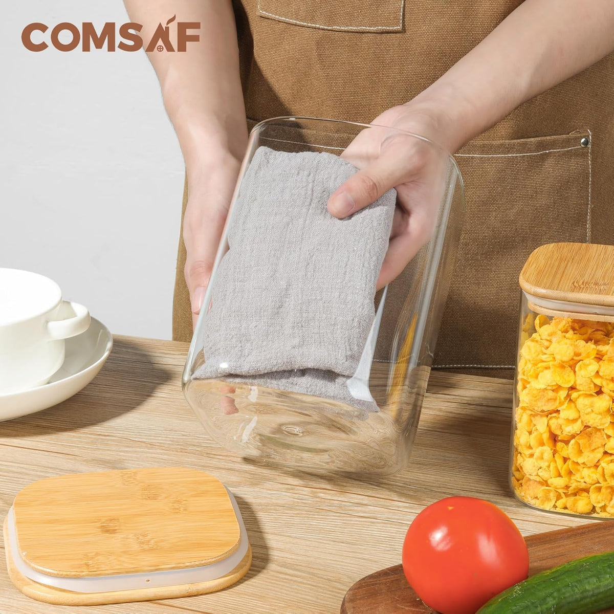 ComSaf 115 oz Glass Food Storage Containers Set of 2, Large Storage Containers with Lids, Square Glass Jars with Lids, for Flour and Sugar, Cereal, Rice, Pasta, Oats, Coffee Beans