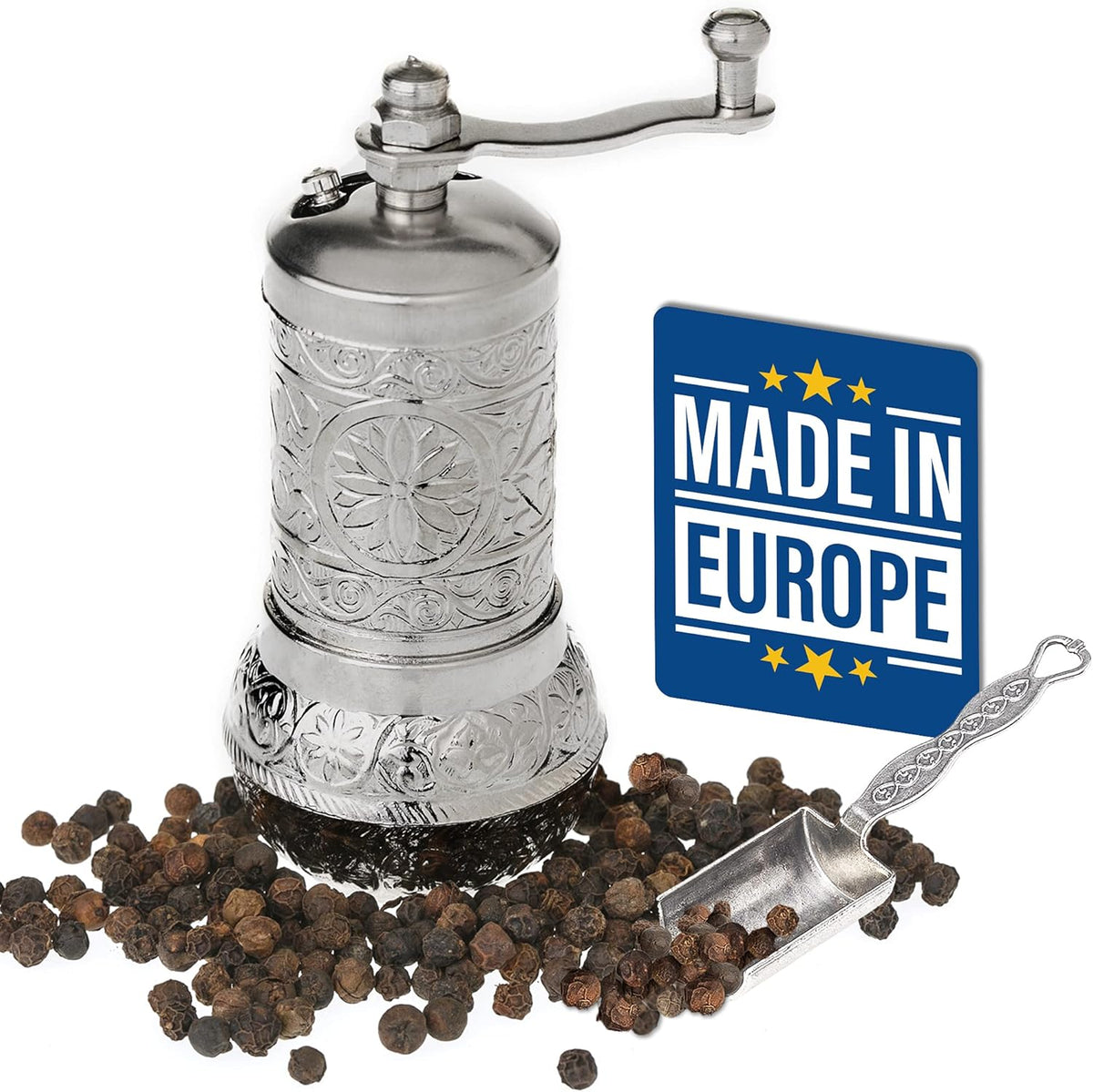 Decorative Black Pepper Grinder, Refillable Turkish Spice Mill with Adjustable Coarseness, Manual Pepper Mill with Handle, Spice Grinder Metal with Hand Crank, Bright Silver