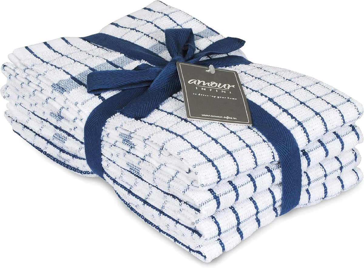 AMOUR INFINI Terry Dish Towels Pack of 4 Highly Absorbent Quick Dry Super Soft 20x28 Inch Kitchen Towel with Hanging Loop for Cleaning & Drying Dishes (Blue)