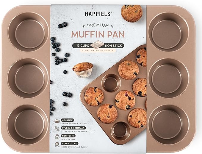 HAPPIELS Non Toxic Nonstick 12 Cup Muffin Pan | PFOA BPA free Nontoxic Cupcake Tin | Best Non Stick Muffin Pans | Muffin tins | Cupcakes Tray | Carbon Steel Bakeware Mold Trays