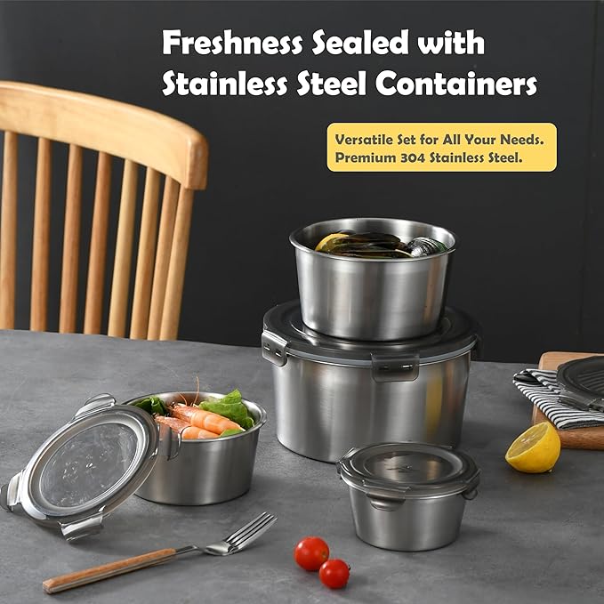 Stainless steel food storage containers leak proof & airtight lids for Kitchen,stainless steel bowl,meal prep lunch box,freezer and microwave safe (5-piece)