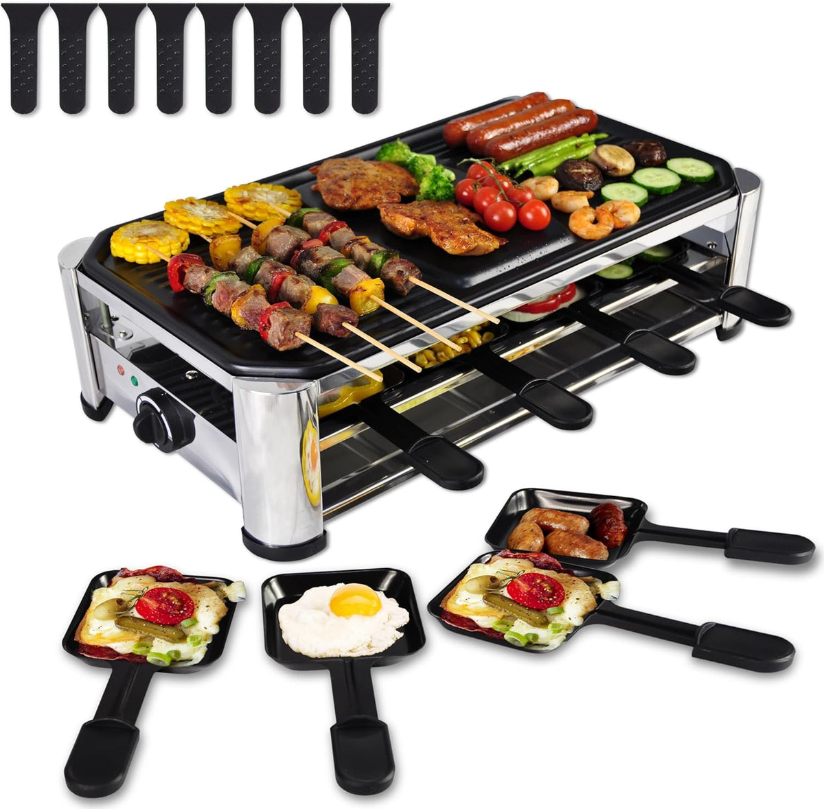 TAMARIT Raclette Cheese Table Grill Portable Electric Indoor Korean BBQ Grill 1400 W Raclette Party Grill with Iron Nonstick Extra Large Grill Plate Raclette Grill for Home Party, Stainless Steel