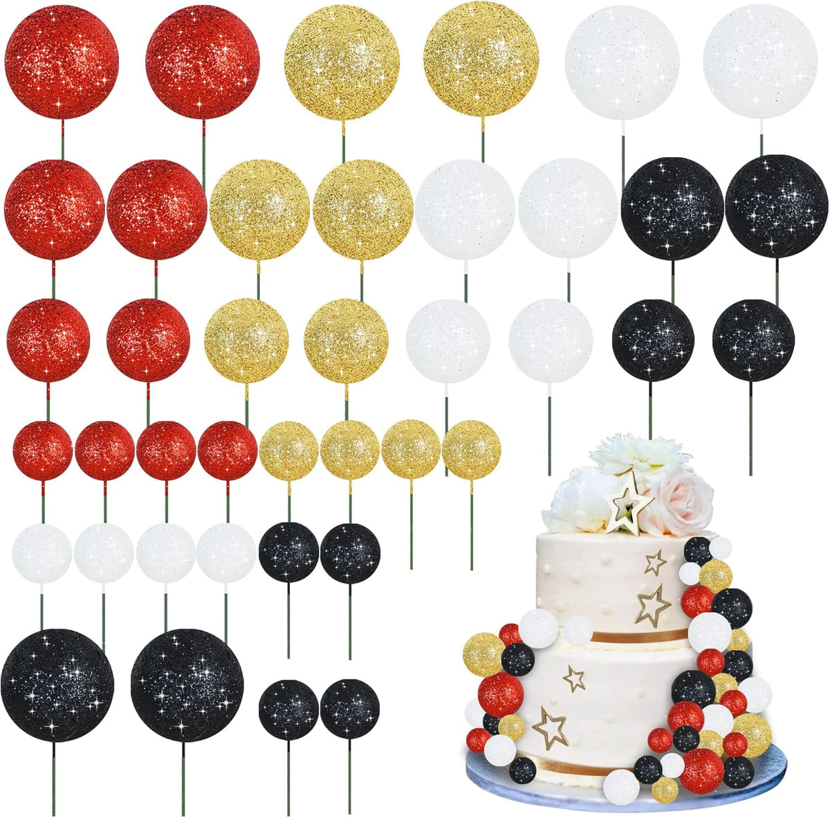 BEISHIDA 40 Pcs Foam Ball Cake Toppers with Sticks Mini Cake Decorations for Birthdays, Weddings, Baby Showers, DIY Baking Supplies, Anniversary Party (Red, Black, White，Gold)