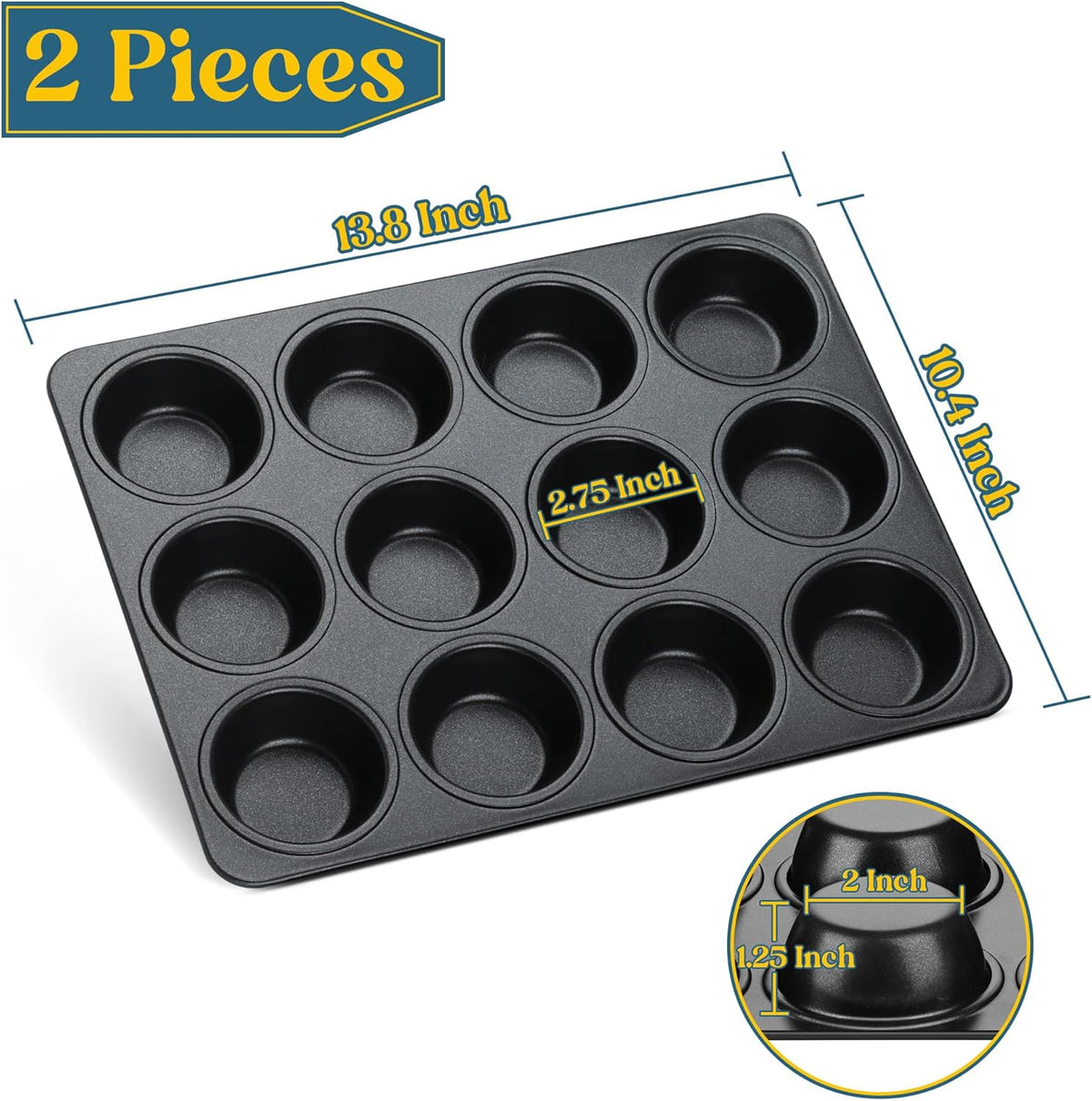 E-far Nonstick Muffin Pan 12 Cups Set of 2, Stainless Steel Muffin Tin Cupcake Pan Tray for Baking, Stainless Steel Core & Non Toxic, Easy Release & Easy Clean, Black