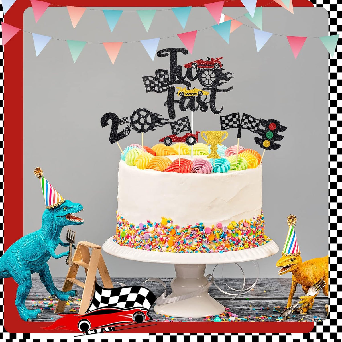 Gersoniel 49 Pack Two Fast Cake Toppers Cake Decoration Double Sided Trophy Flag Race Car Birthday Party Supplies