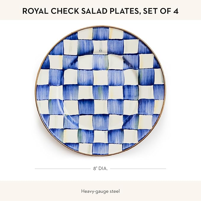 MACKENZIE-CHILDS Enamel Salad and Dessert Plate, Small Plate for a Dessert or Appetizer Dish, 8 Inches, Set of 4, Blue-and-White Royal Check