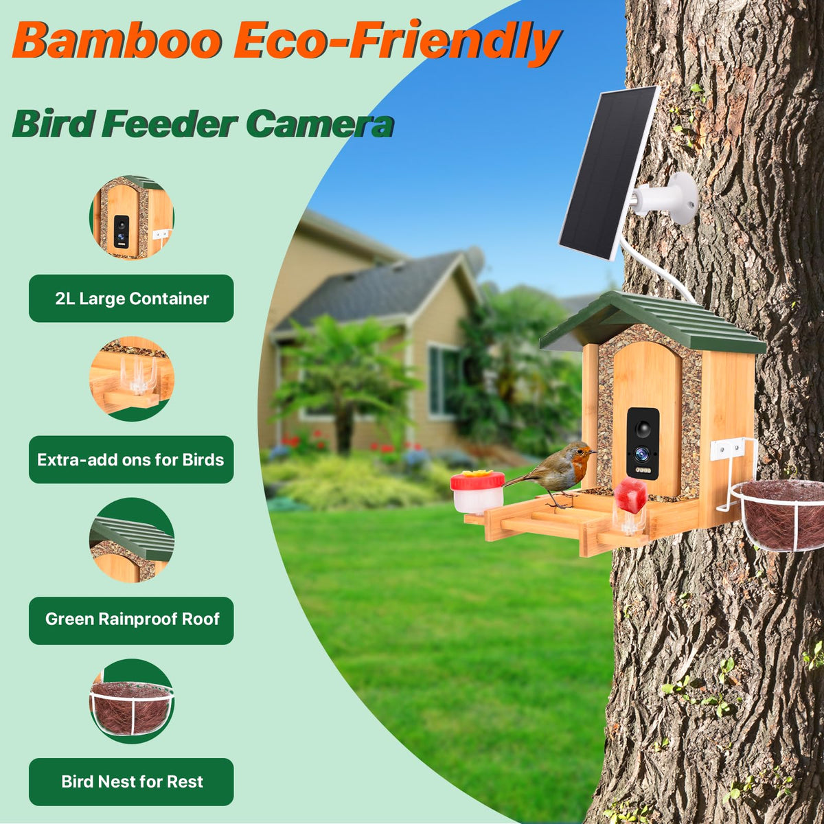 Smart Bird Feeder with Camera Solar Powered, 4K UHD Video Live Stream 8MP Photos, AI Bird Species Identification, Instant Arrival Alerts, Weatherproof Bamboo Design, Best Gift for Bird Lovers