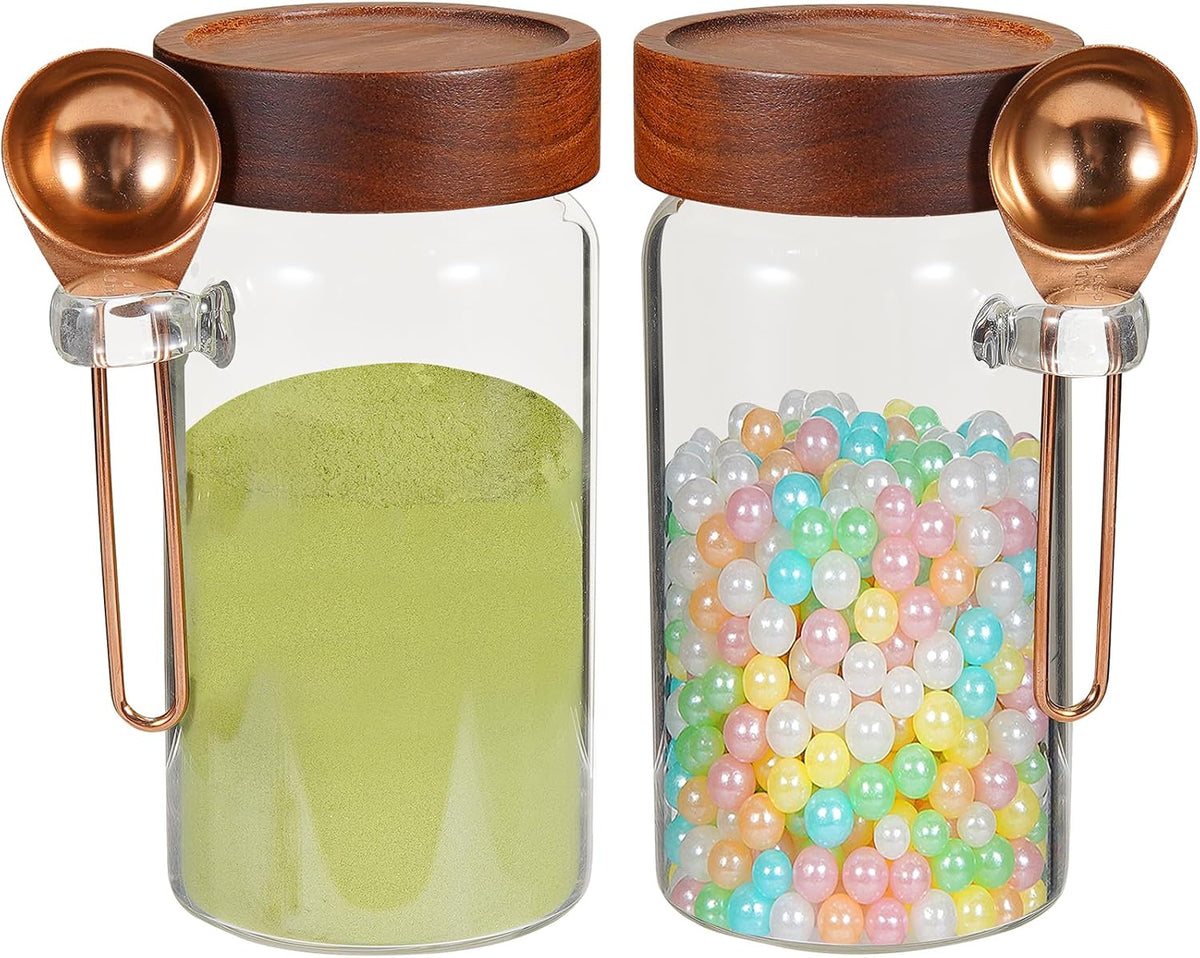 Glass Coffee Jars Spice Jar Round Storage Canister with Wooden Lid Clear Glass Food Jar for Pantry Sugar Tea Coffee Bean Spice Nuts Cookies Bath Salts (2×550ml(18oz) with spoon)