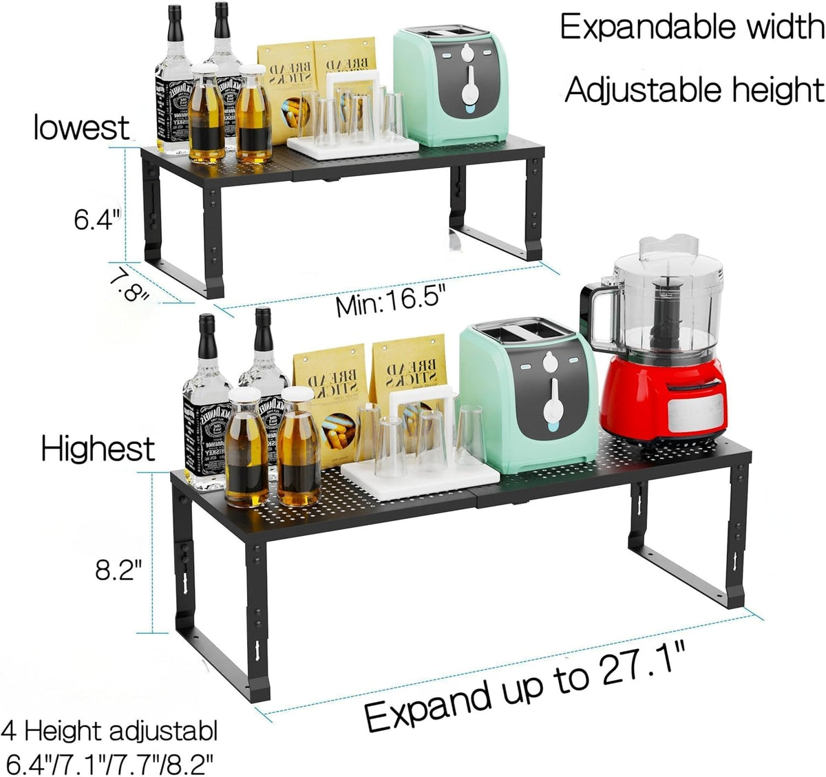 Heavy-Duty Adjustable Metal Shelf Organizer - Expandable & Stackable Pantry Storage Rack for Kitchen, Bathroom, RV, Cabinets(3 Packs/Black, Medium)