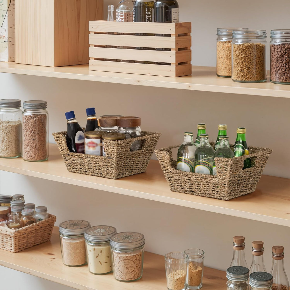 StorageWorks Small Pantry Baskets for Patato and Onion Storage, Wicker Baskets for Organizing with Built-in Handles, Seagrass Pantry Organizers and Storage for Kitchen Shelves, Countertop, 2 Pack