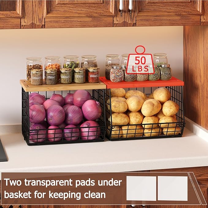 2 Set Stackable Wire Basket with Wooden Tops & Pad for kitchen organizers and storage, XXL Kitchen Counter Organizer for Fruit, Vegetable, Bread, Potato and Onion Storage Bin
