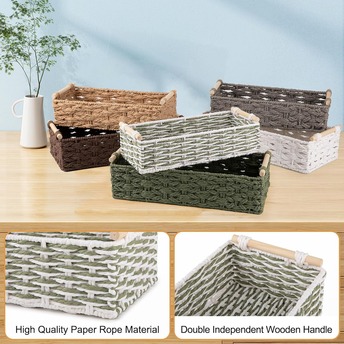 OIAHOMY Toilet Paper Baskets Handmade Paper Rope Decorative Wicker Storage Tank Shelf Cabinet Organizer for Bathroom Home, Set of 2, Green & White