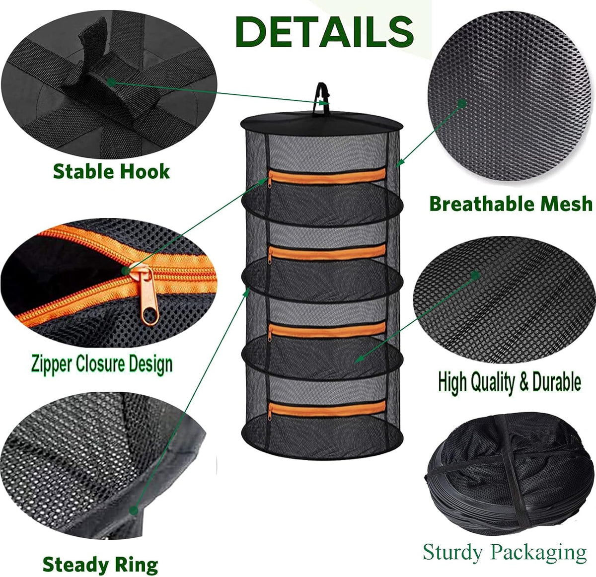 2ft 4 Layer Mesh Hanging Herb Drying Rack Dry Net Plant Drying Rack Net with Orange Zippers Can Dry Plants, Herbal，hanging dryer Hanging Mesh （ Band Garden Scissors）