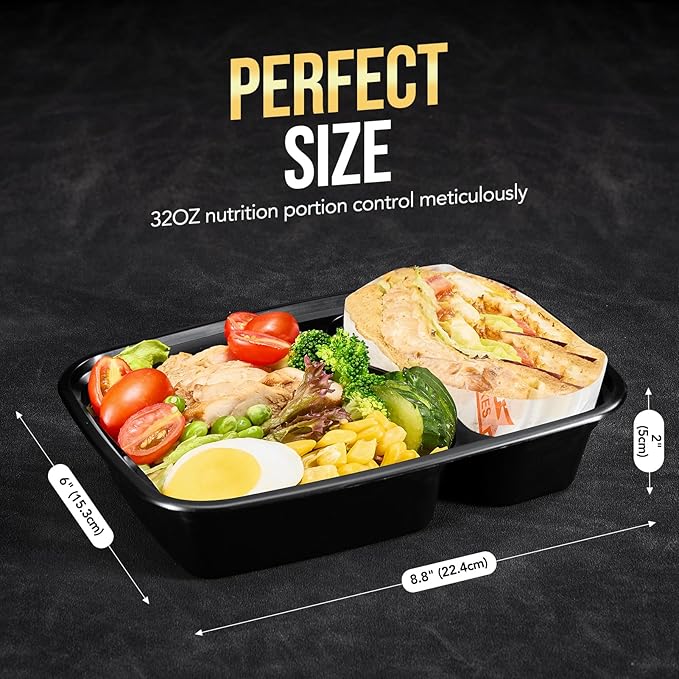 Glotoch Express 300 Pack 32oz Black 2 Compartment Square Meal Prep Containers, Food Storage Containers with Lids for Microwave Dishwasher Freezer Safe