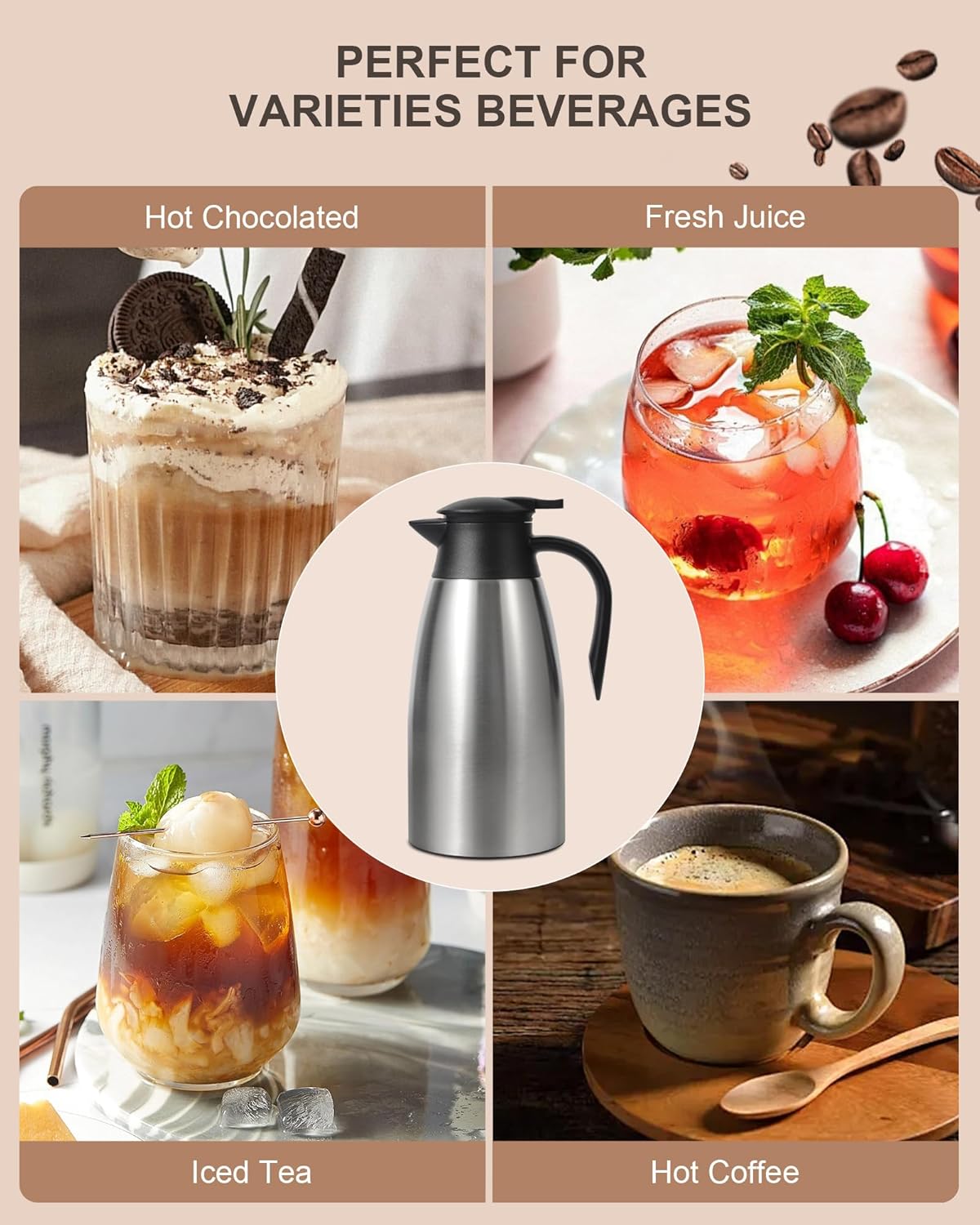 70Oz Thermal Coffee Carafe for keeping hot, 2 PCS Updated Carafe for hot liquid, Insulated Coffee Carafe Stainless Steel Thermal Pot for Coffee, Hot Water,Keep Hot 12 Hours (silver+silver)