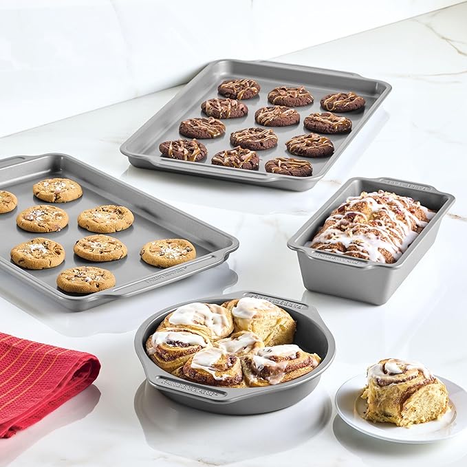 Farberware Steel Nonstick Baking, Includes Cookie, Loaf/Meatloaf, Cake Pan, 4 Piece Non Stick Bakeware Set, Gray