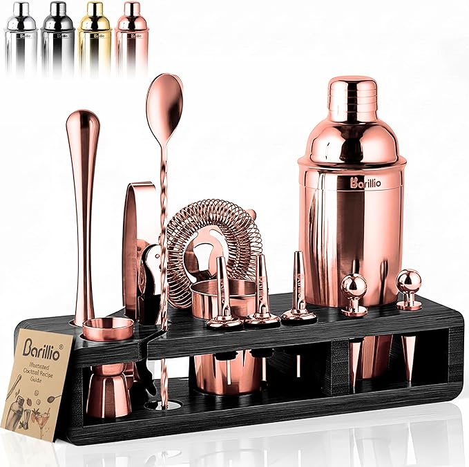 Barillio Rose Gold Bartender Kit - Stainless-Steel Cocktail Shaker Set w/Black Bamboo Stand - Mixology Bar Tools w/Drink Shaker, Mixer, Muddler for Cocktails - Home Bar Accessories - 23-Pc Bar Set
