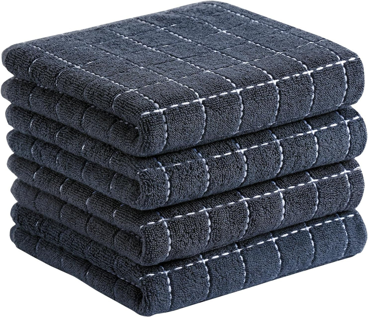 Homaxy 100% Cotton Terry Kitchen Towels(Dark Grey, 13 x 28 inches), Checkered Designed, Soft and Super Absorbent Dish Towels, 4 Pack