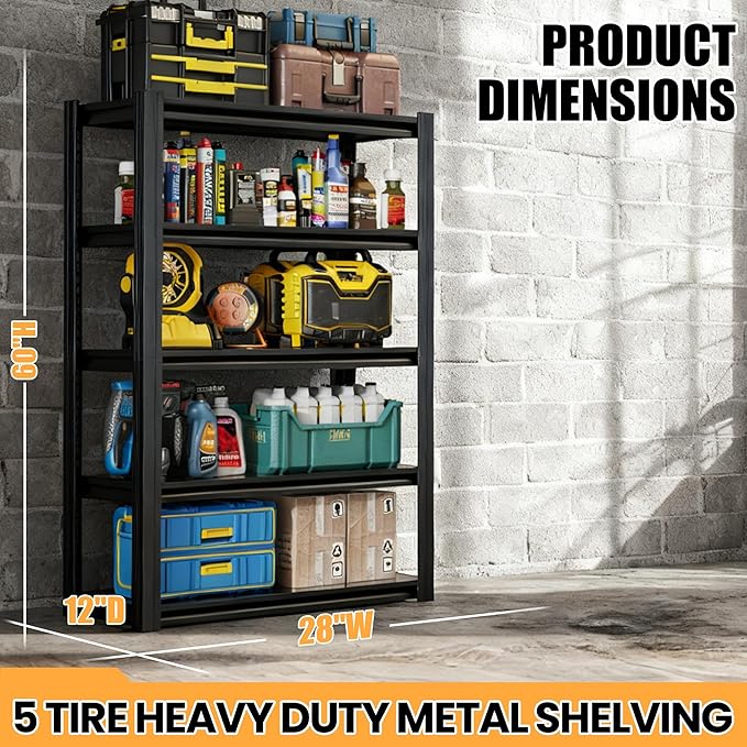 62" H Garage Shelving, Heavy Duty Storage Shelves, Garage Storage Shelves, Adjustable 5 Tier Metal Shelving Unit, Utility Shelves for Warehouse Backyard, 62" H×27.6" W×12" D