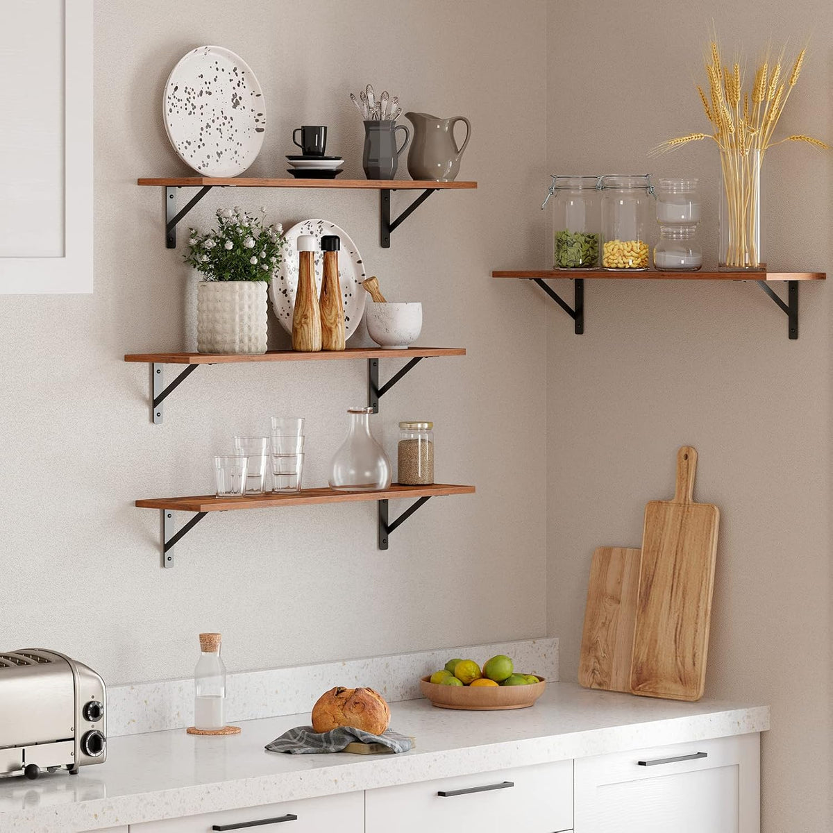 DINZI LVJ Long Wall Shelves, 31.5 Inch Wall Mounted Shelves Set of 2, Easy-to-Install, Wall Storage Ledges with Sturdy Metal Brackets for Living Room, Bathroom, Bedroom, Kitchen, Rustic Brown