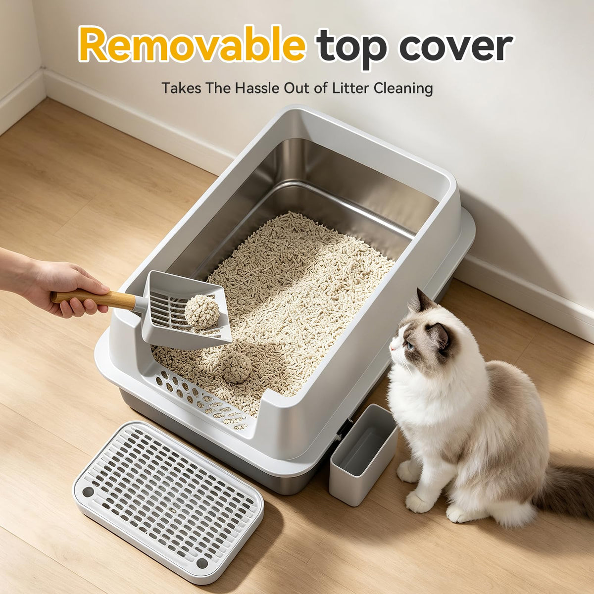 Tevila XL Enclosed Stainless Steel Litter Box with Lid, Light Gray