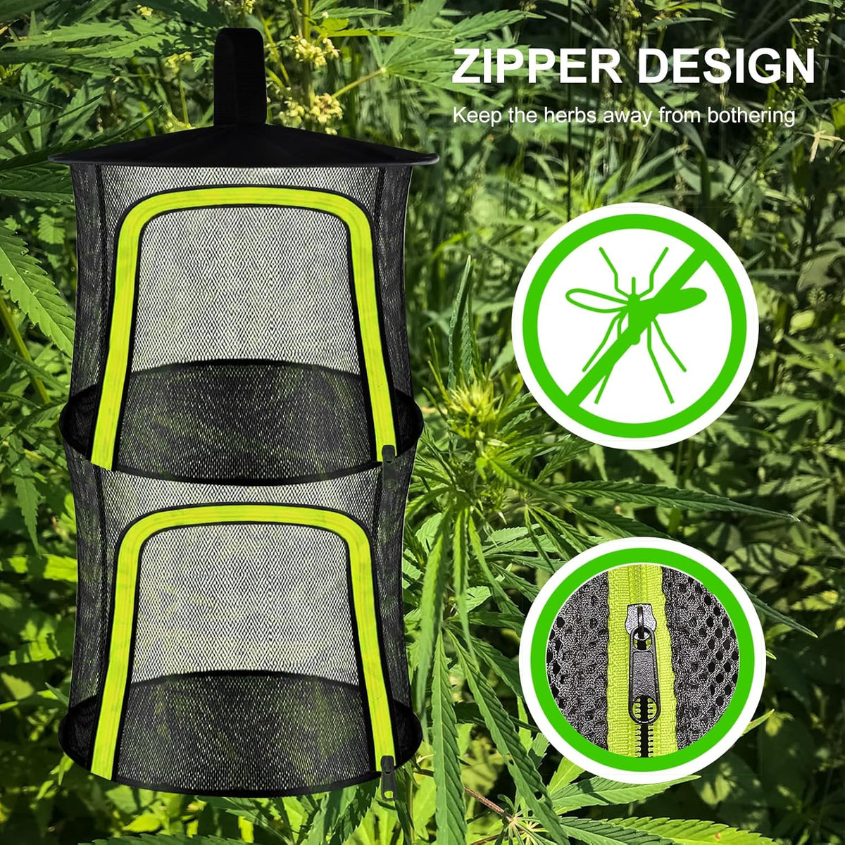 2 Layer Herb Drying Rack, Small Herb Drying Rack Hanging Mesh, Foldable Fish Drying Net with U-Shaped Zipper, Hooks, for Drying Herbs Plants, Flowers, Fruits, Food, Camping(2 Layers-11.81'')