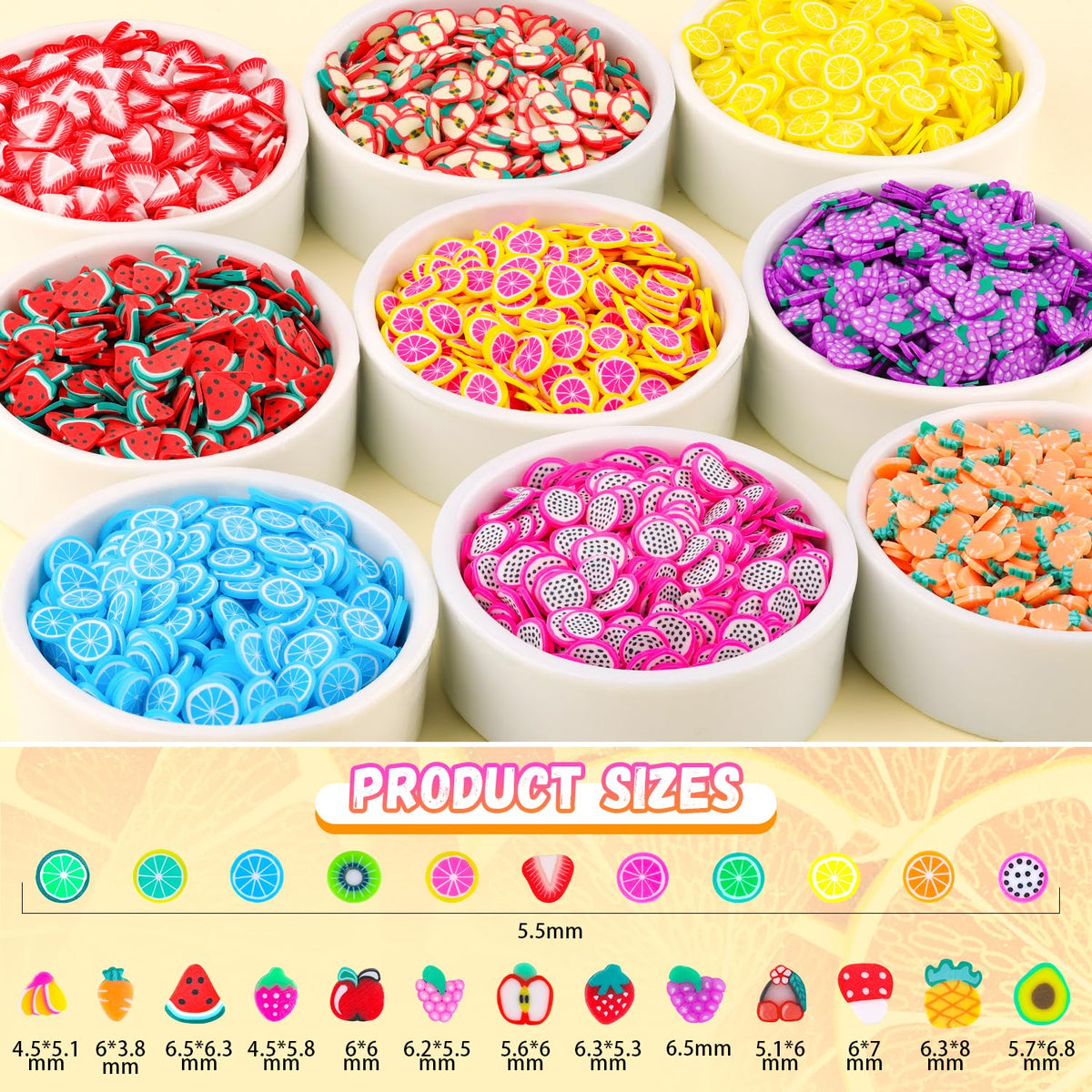 24-Grid Fruit Slice Polymer Clay Cute Slime Add Ins for Nail Art, Kawaii Scrapbooking Embellishments & Lip Gloss, Cellphone Decorations Bulk Slime Mix Ins Assorted Fruits Accessories for DIY Crafting