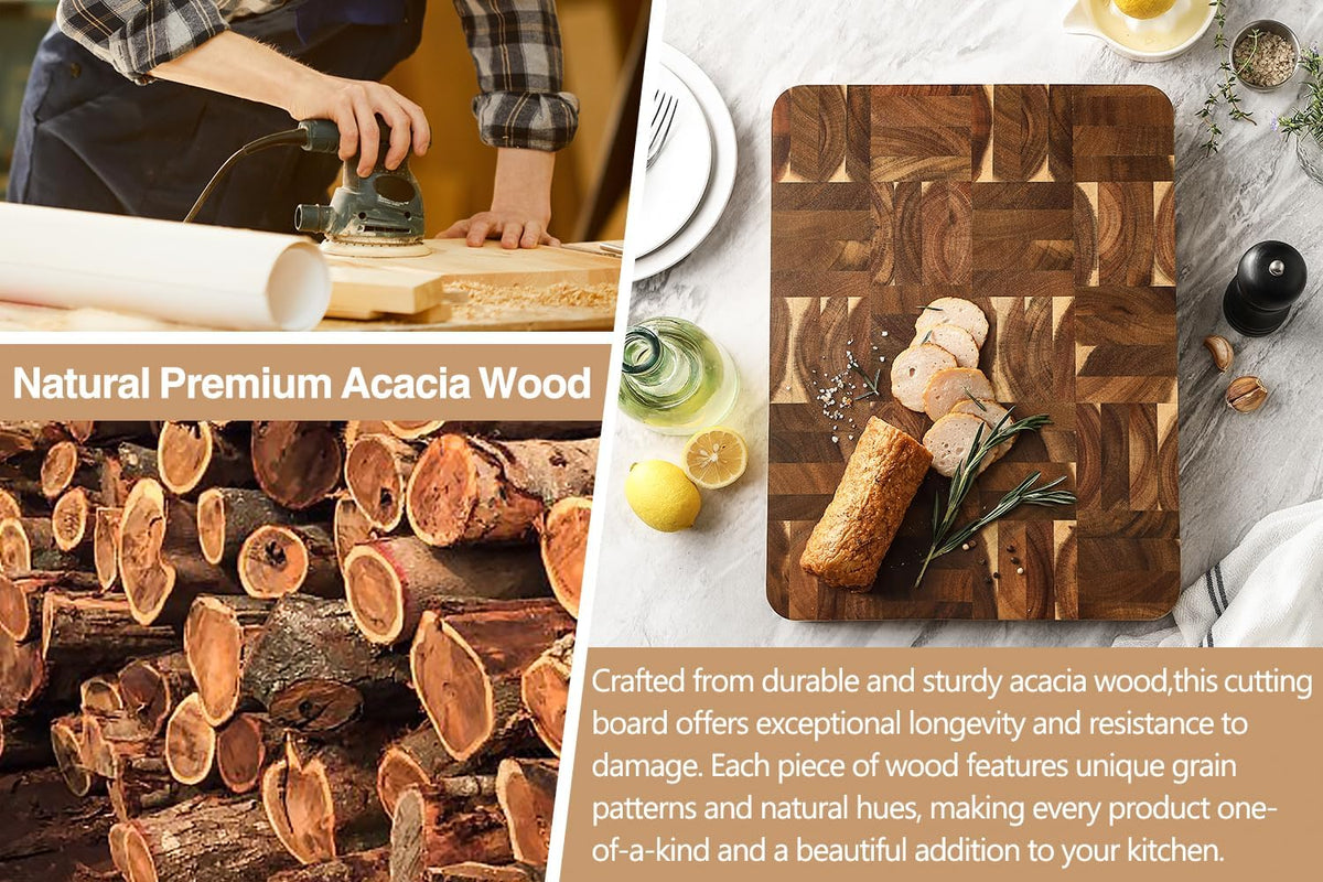 XINZUO Large Thick End Grain Acacia Wood Cutting Board -(16‘’L x 12''W x 1.6''T)-Dark Wood Cutting Board,Reversible Wooden Chopping Board with Non-Slip Feet-Catches Food and Waste-Giftbox